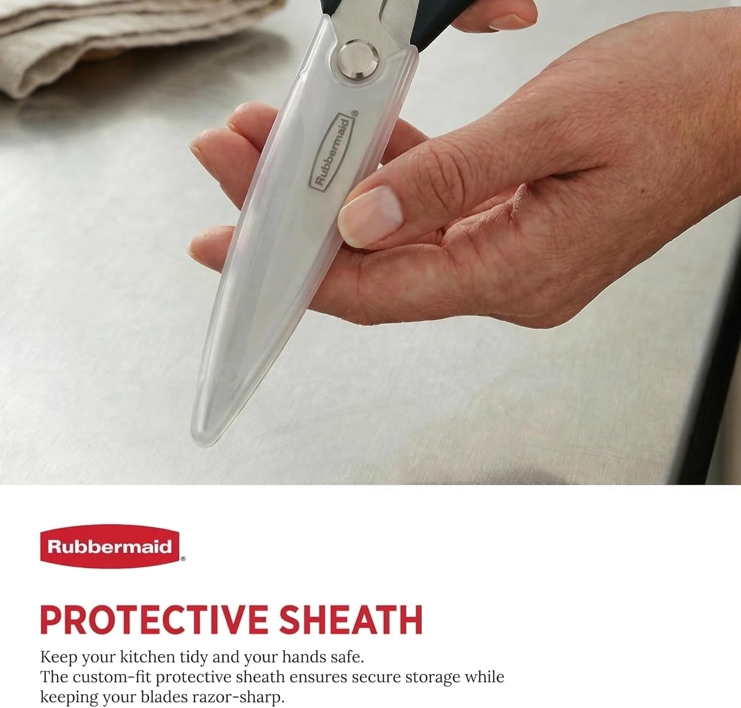 Rubbermaid Kitchen Scissors - Heavy Duty Stainless Steel Shears with Protective Sheath | Dishwasher Safe, Black