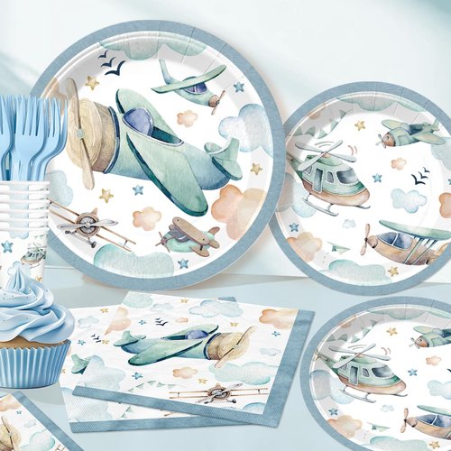 185 Pcs Airplane Baby Shower Decorations Tableware Set Serves 25, Baby Boy Shower Decorations Include Banner, Plates, Tablecloth and Cupcake Toppers, Suitable for Airplane Party