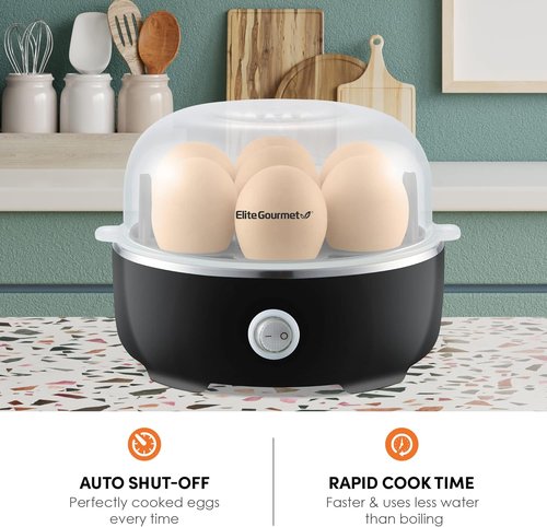 Elite Gourmet Easy Egg Cooker - Electric 7-Egg Capacity for Soft, Medium, Hard-Boiled Eggs | Auto Shut-Off, BPA Free, Classic Black