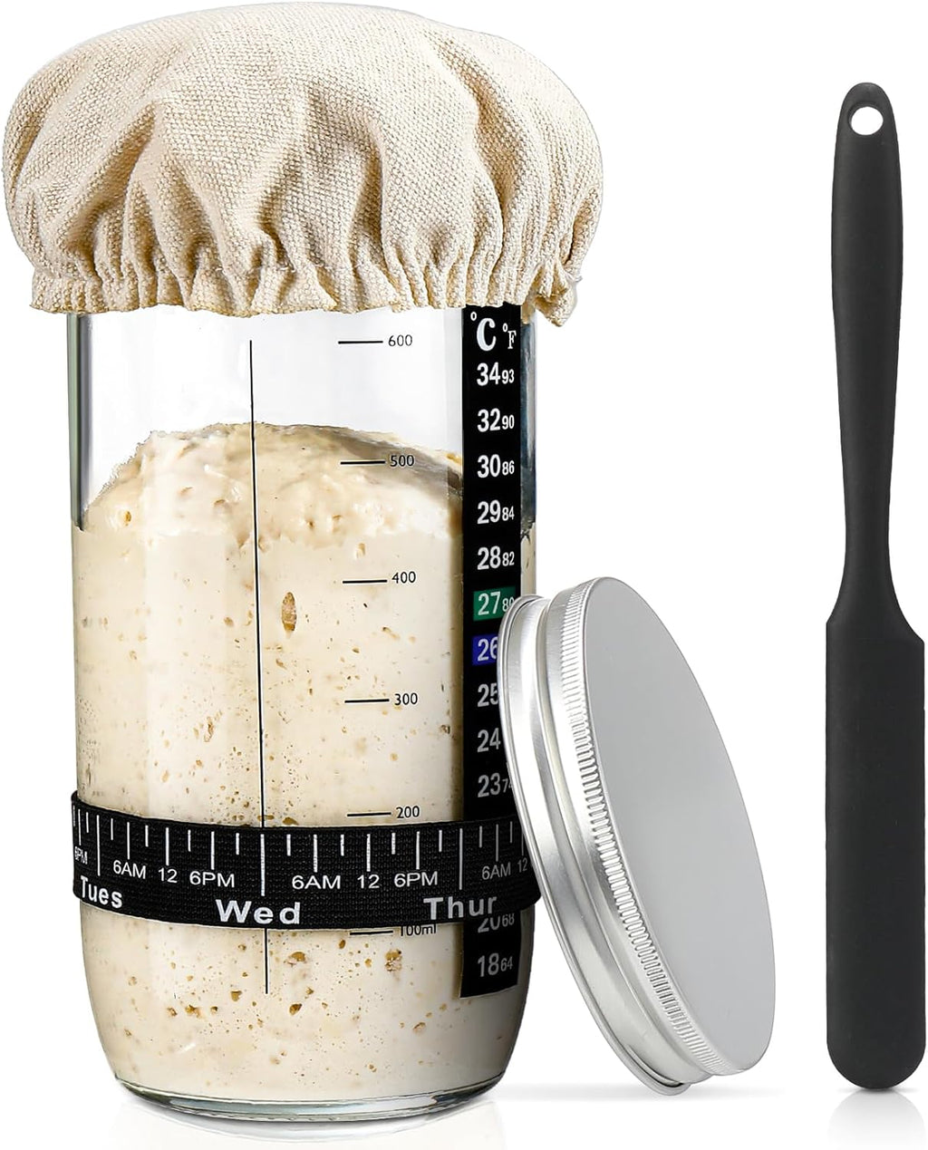Skiennix Sourdough Starter Kit - 24 oz Glass Jar with Date Marked Feeding Band & Accessories