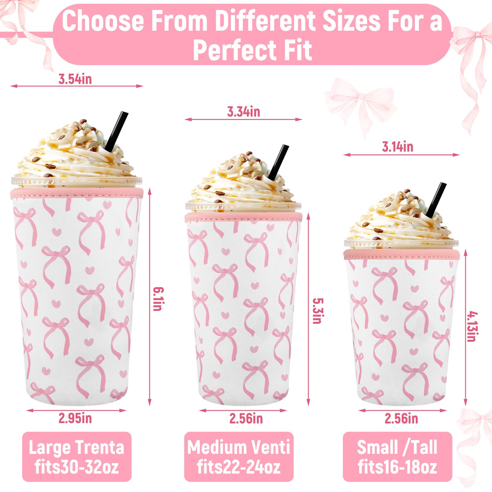 SiliFine 3 Pack Reusable Iced Coffee Cup Sleeve Insulated Neoprene Cup Holder for Iced & Hot Drinks Pink Coquette Bow Coffee Sleeve for Cold Beverages(Bow and Heart)
