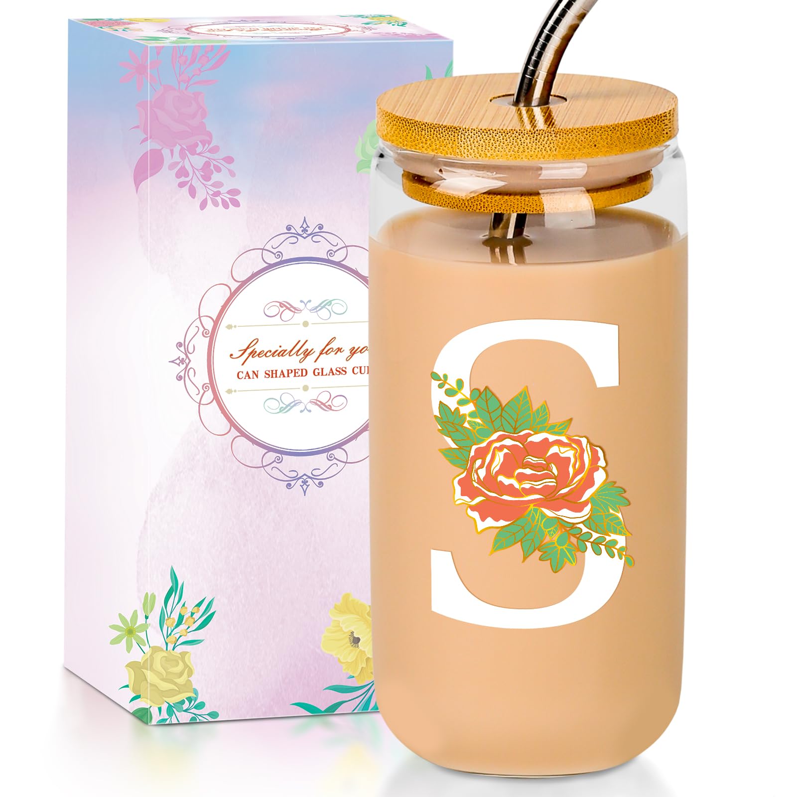 SENTVEND Initial Glass Cup with Lid and Straw Color-changing Monogrammed Gifts for Women 16 oz Iced Coffee Drinking Glass Tumbler Personalized Christmas Thanksgiving Birthday Gifts for Women Her Mom