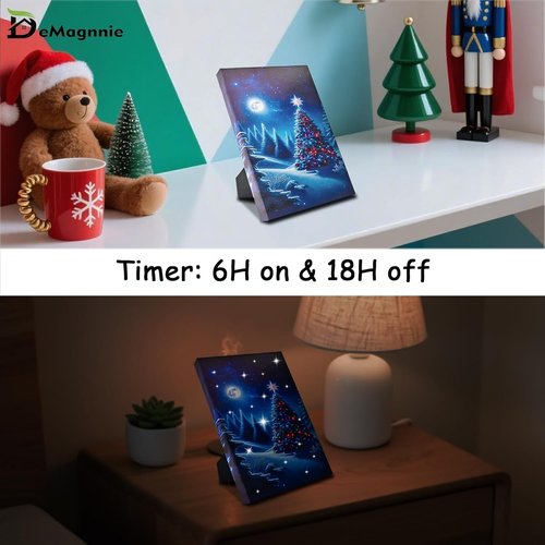 DEMAGNNIE Fiber Optic Christmas Tree Canvas Painting - LED Winter Scene Art for Tabletop or Wall Decor, 8"x6" Framed