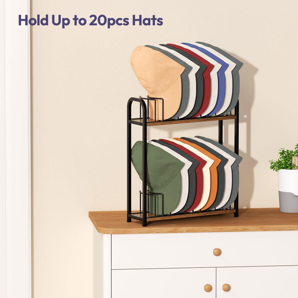 SWTYMIKI Hat Stand for Baseball Caps - 2 Tier Wood & Metal Removable Tabletop Hat Organizer Storage Display Rack, Holds up to 20 Caps for Desk, Closet Shelf, Dresser (Black)