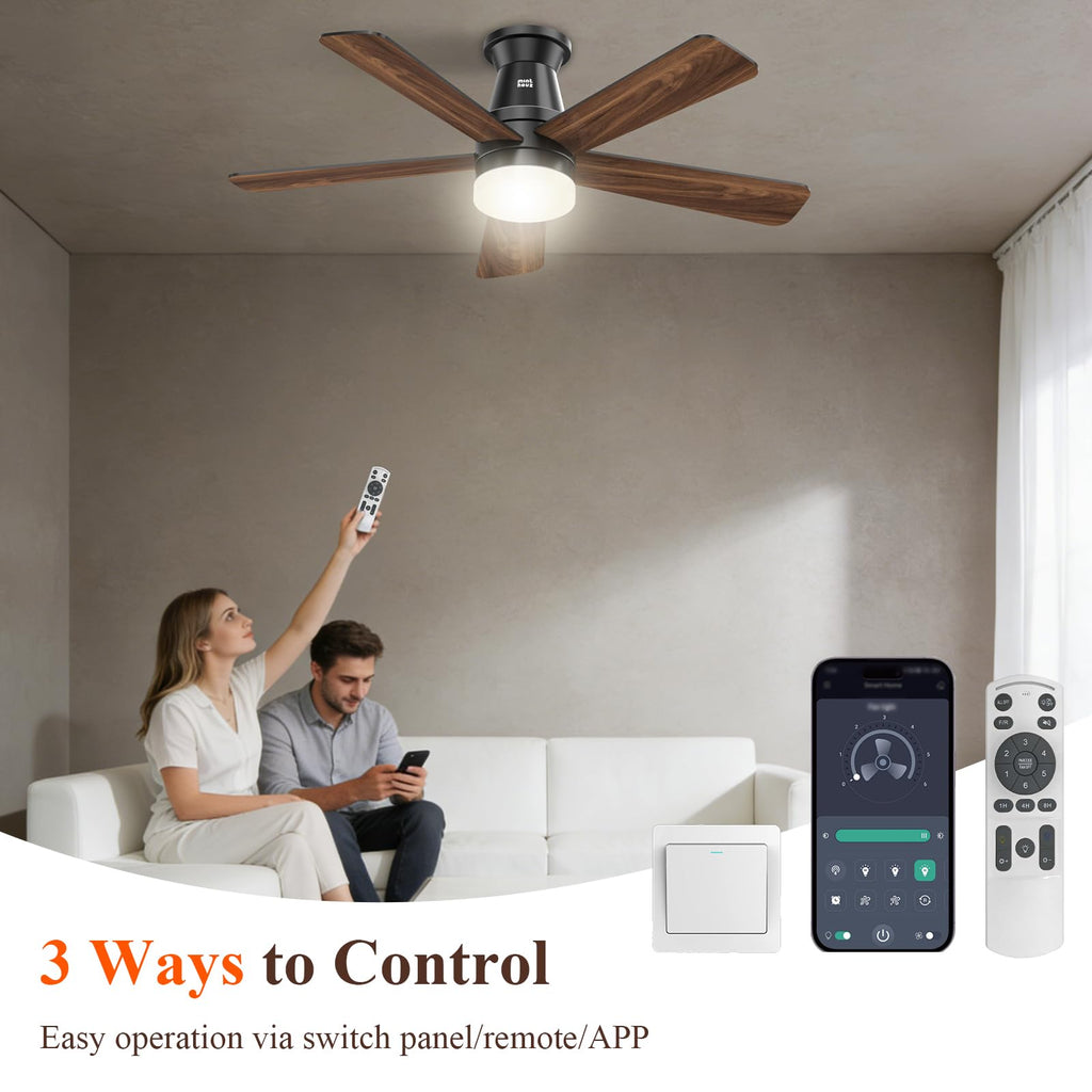 Minthouz Ceiling Fans with Lights, 42 inch Ceiling Fan with Light with APP/Remote Control, 6000K Dimmable LED, Modern Flush Mount Ceiling Fan for Indoor Bedroom Living Room, DC Reversible, Black