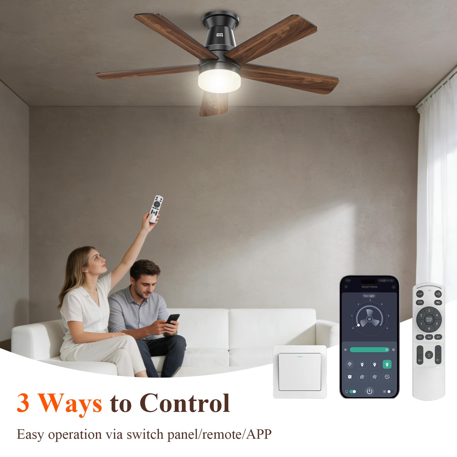 Minthouz Ceiling Fans with Lights, 42 inch Ceiling Fan with Light with APP/Remote Control, 6000K Dimmable LED, Modern Flush Mount Ceiling Fan for Indoor Bedroom Living Room, DC Reversible, Black