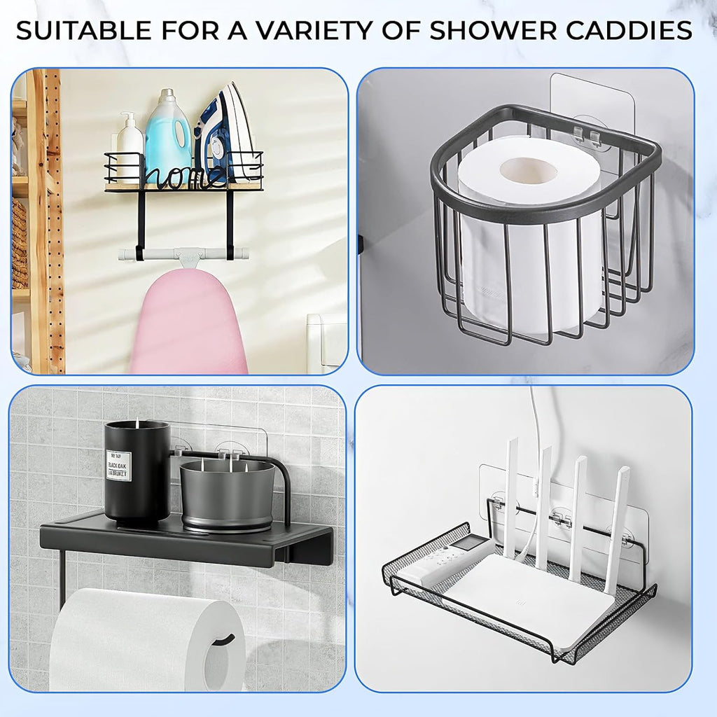 Skiennix Shower Caddy Adhesive Hooks - Strong Waterproof Strips for No-Drill Bathroom & Kitchen | 14 Pack, Transparent