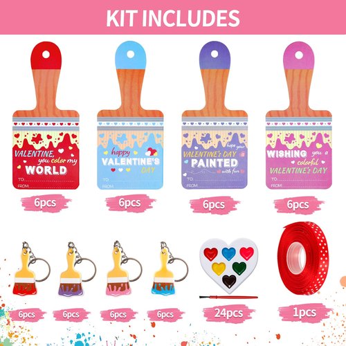 GKLTVB 24 Sets Valentines Day Gifts for Kids,Valentines Cards with Watercolor Paint Bulk and keychain,School Classroom Exchange Gifts for Party Favors
