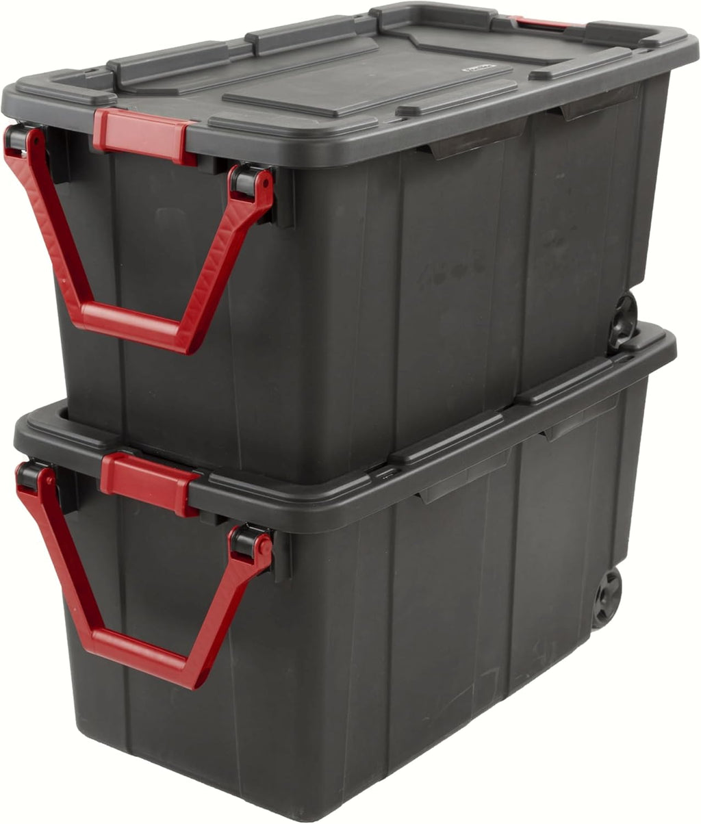 YHNNH Heavy-Duty Industrial Storage Tote - 40 Gallon Black Container with Wheels & Latches | Set of 2