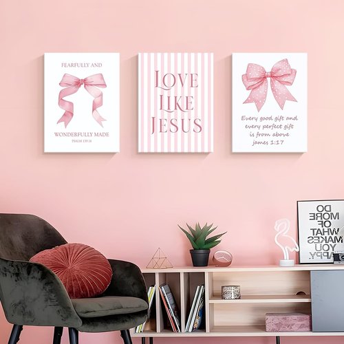 Dytila 3 Piece Pink Bows Wall Art - Cute Bible Verse Decor for Girls' Rooms | 12x16 Inch Dorm Artwork