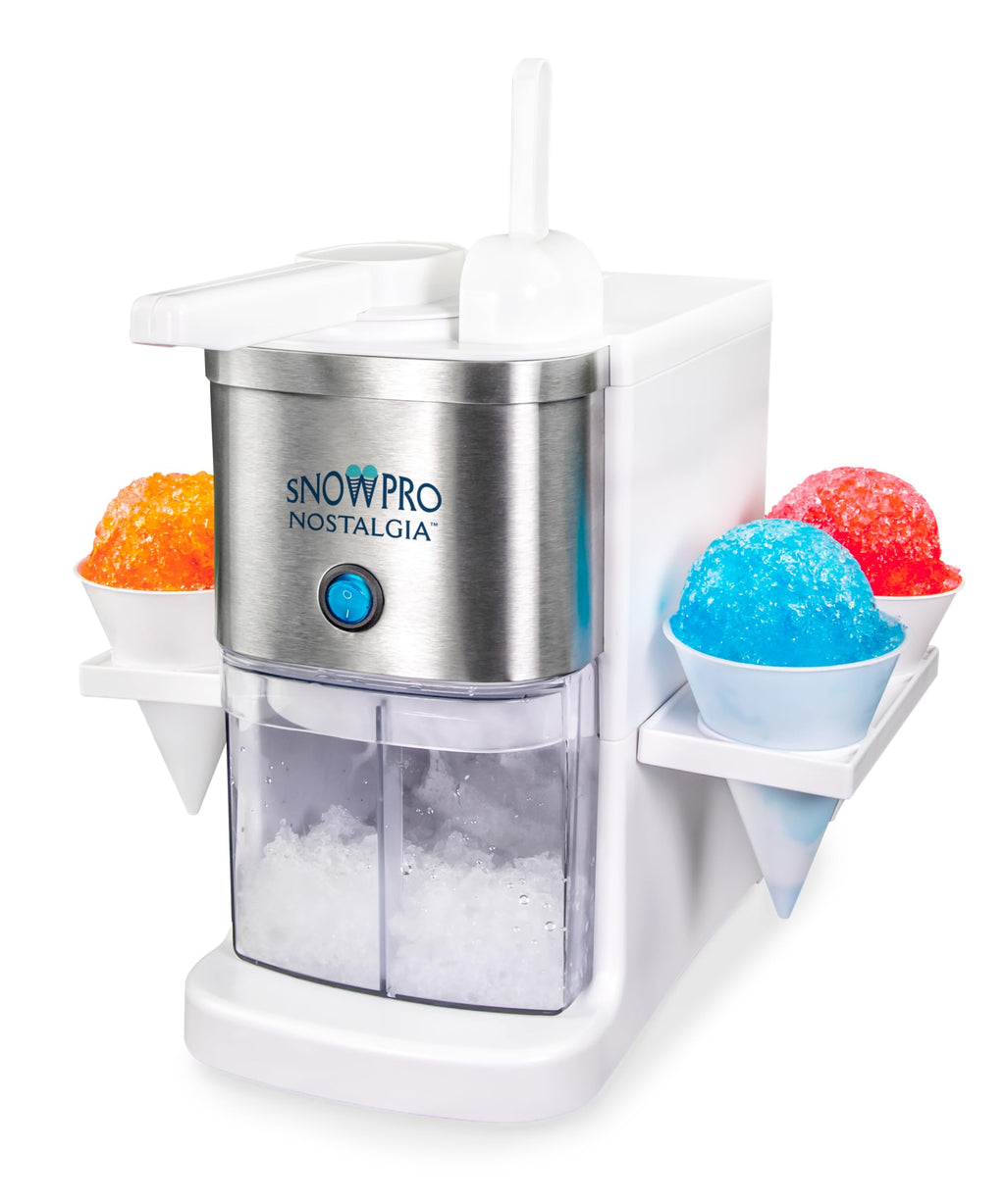 Nostalgia Snow Pro Electric Snow Cone Machine with 64 oz Capacity - Slushie Machine with 4 Reusable Cones, Side Shelves & Ice Scoop - Snow Cone Machine for Family Treats & Refreshing Desserts - White