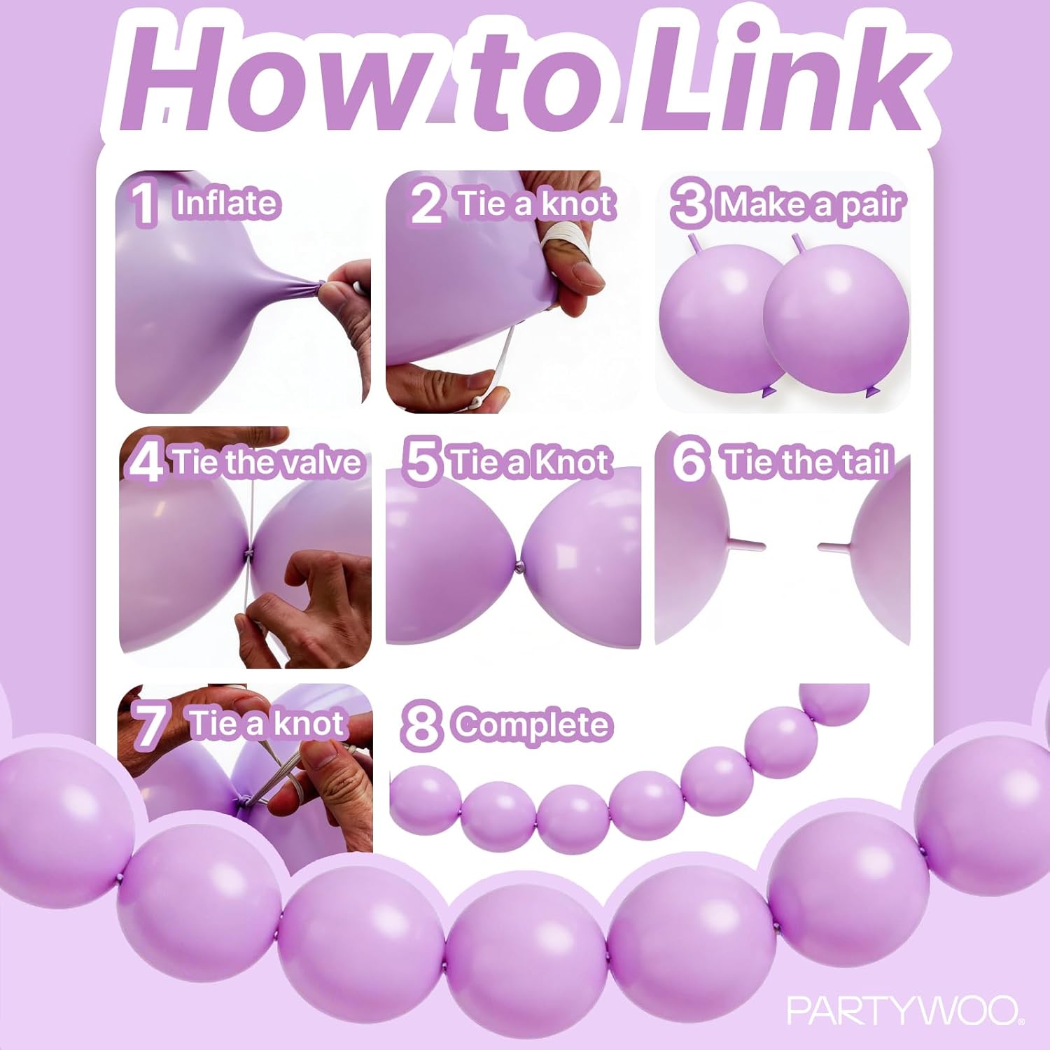 PartyWoo Lavender Linking Balloons - 100pcs 6 Inch Light Pastel Purple for Birthday & Wedding Decor