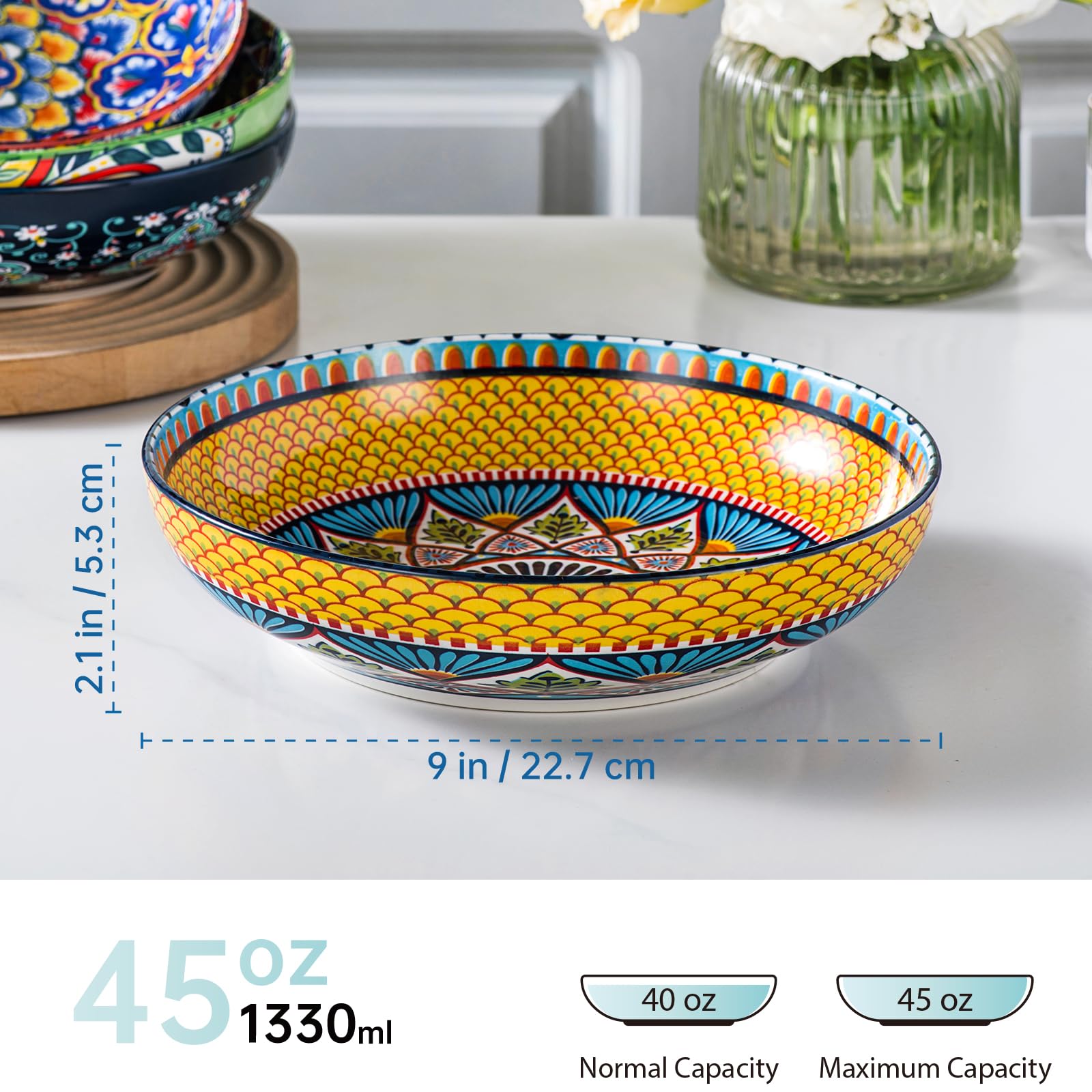 HENXFEN LEAD Pasta & Salad Bowls Set of 4, 45 oz Large Ceramic Serving Bowls – Colorful 9 Inch Wide & Shallow Bowls for Soup & Pasta, Microwave & Dishwasher Safe