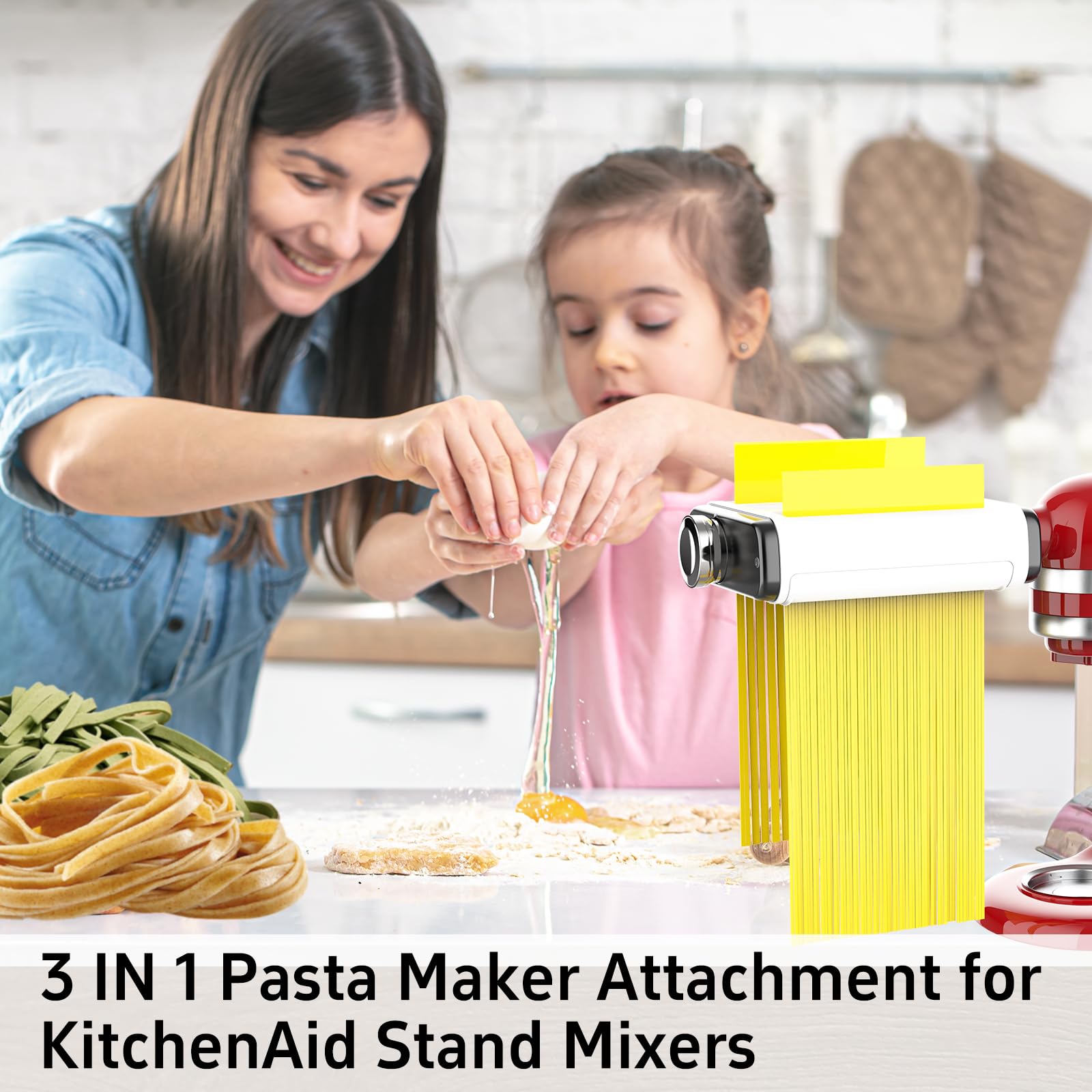 Pasta Maker Attachment for All Kitchenaid Mixers, Noodle Maker Kitchen Aid Mixer Accessories 3 In 1 Including Dough Roller Spaghetti Fettuccine Cutter - Homemade Fresh Pasta Easily!