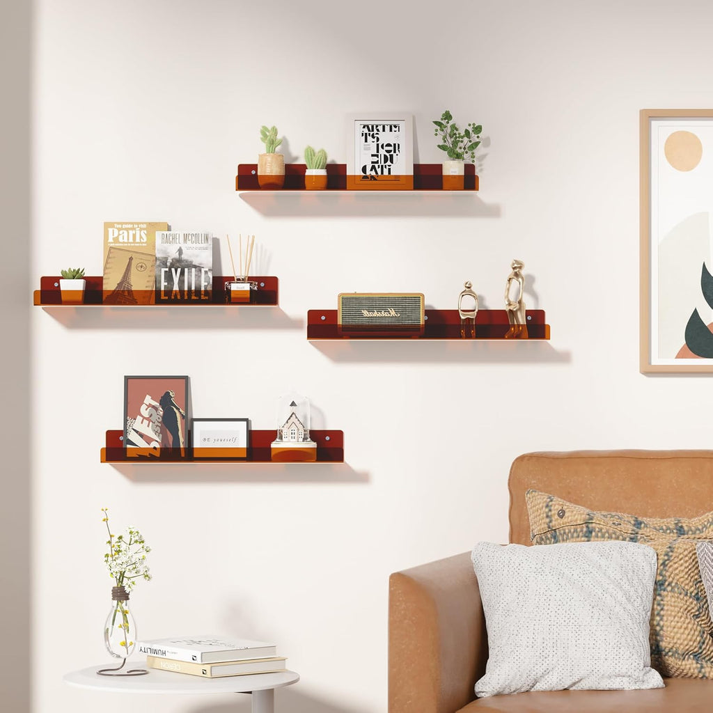 Upsimples Acrylic Wall Shelves - 15" Floating Display Shelf & Perfume Organizer | Clear Brown, 4 Pack