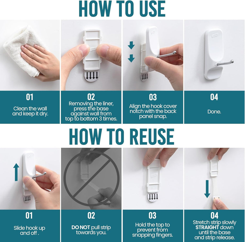 TAILI Heavy-Duty Hooks for Hanging | No-Damage White Utility Hooks with 8 Adhesive Strips | Removable & Reusable, Holds Up to 3 lb