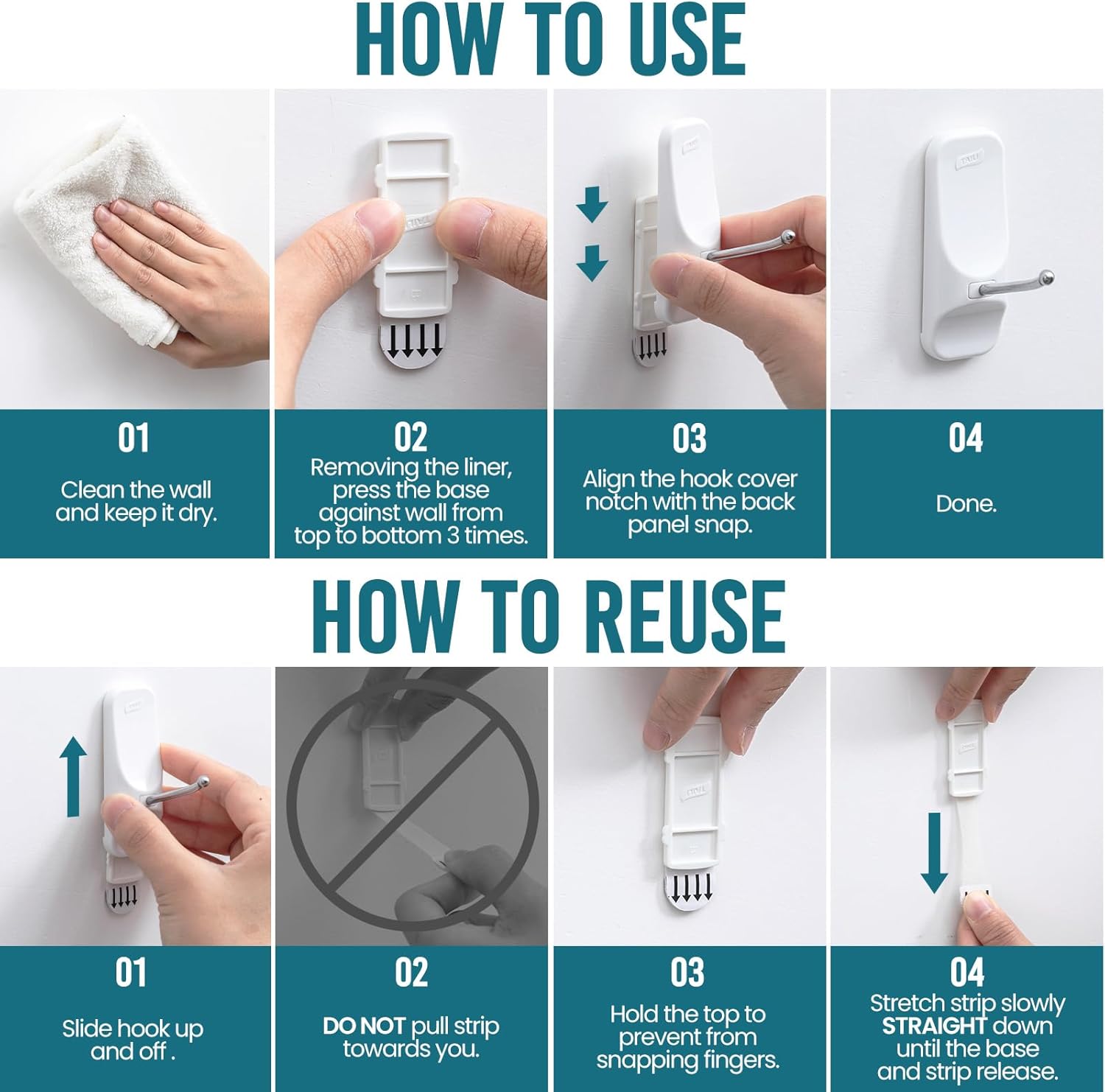 TAILI Heavy-Duty Hooks for Hanging | No-Damage White Utility Hooks with 8 Adhesive Strips | Removable & Reusable, Holds Up to 3 lb