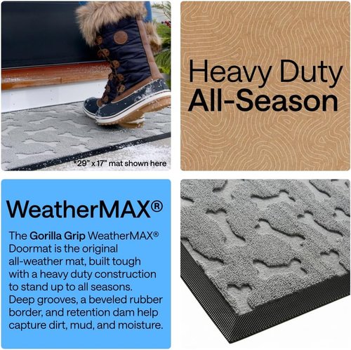 GORILLA GRIP Waterproof All-Season WeatherMAX Doormat - 35x23, Natural Rubber, Easy Clean, Light Gray Bones