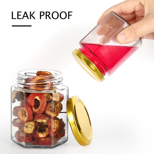 Keketin Hexagonal Glass Jam Jars with Gold Lids 6 oz,30 Pack Glass Canning Jars Food Storage Preserving Jars for Honey,Fruits Salad,Baby Foods,Spices,desserts