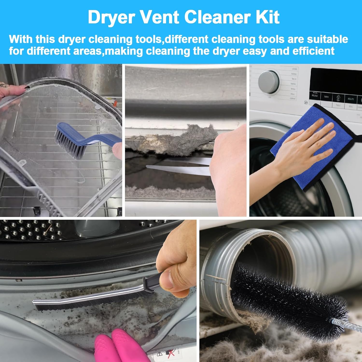 XANGNIER Dryer Vent Cleaner Kit - 5 Pack Flexible Lint Brush & Trap Cleaning Tools for Laundry Room