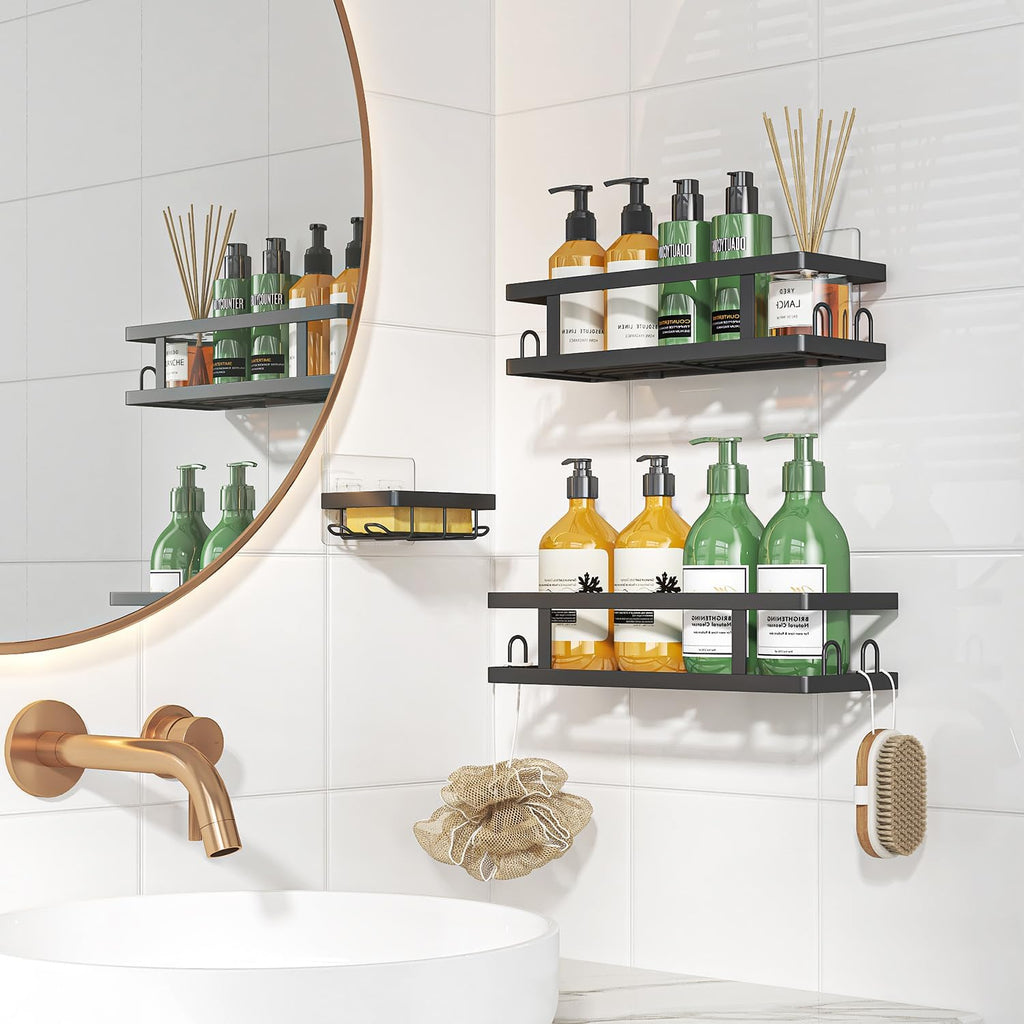 Youvip Adhesive Shower Caddy - Rustproof Bathroom Organizer with Soap Holder & 12 Hooks | Black, 3 Pack