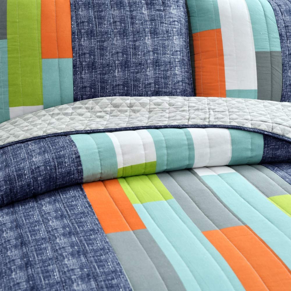 Lush Decor Shelly Stripe Quilt | Modern Geometric Pattern Reversible 3 Piece Bedding Set - Full/Queen - Navy & Orange