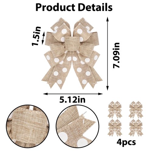 chmacura 4 Pieces Natural Burlap Wreath Bow 5 x 7 Inches Circle Dots Craft Bow Birthday Anniversary Tree Topper Ornament Bow for Home Front Door Decorations