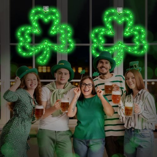 LAIAMER 2 Pcs Light Up Shamrock for Window, 13'' Shamrocks Windows Lights St Patricks Day Window Decor Shamrock Lights Battery Operated with Timer & 8 Modes, Clover Decor Green Light for St Patricks