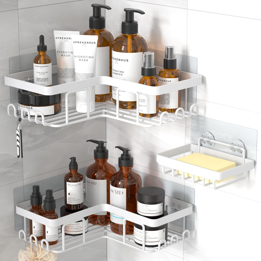 YASONIC Corner Shower Caddy - Rustproof Stainless Steel Organizer with Soap Holder & 12 Hooks | White, 3-Pack