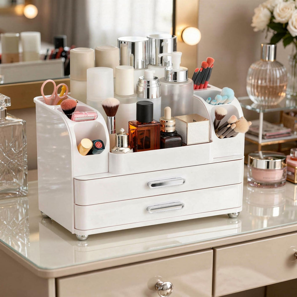 Dozesheep Large Makeup Organizer Countertop with Drawers, Make Up Organizer for Vanity, Makeup Storage Organizer Countertop Makeup Organizers for Skincare, All White