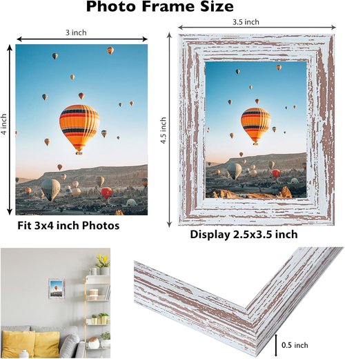 JCJMY 3x4 Picture Frame - Rustic White Wall Hanging & Tabletop Display | Shatter-Resistant Plexiglass