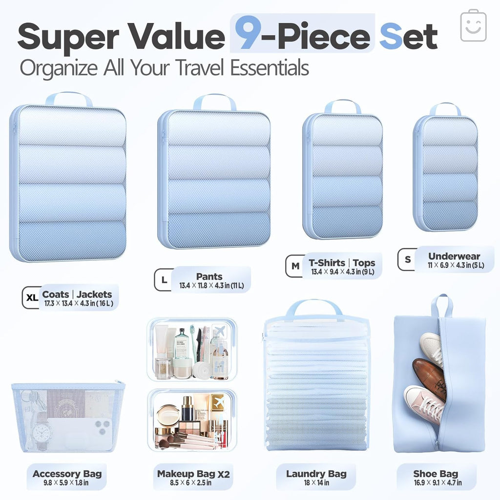 Veken Compression Packing Cubes - Expandable Travel Organizer Set | Durable Light Blue Luggage Bags