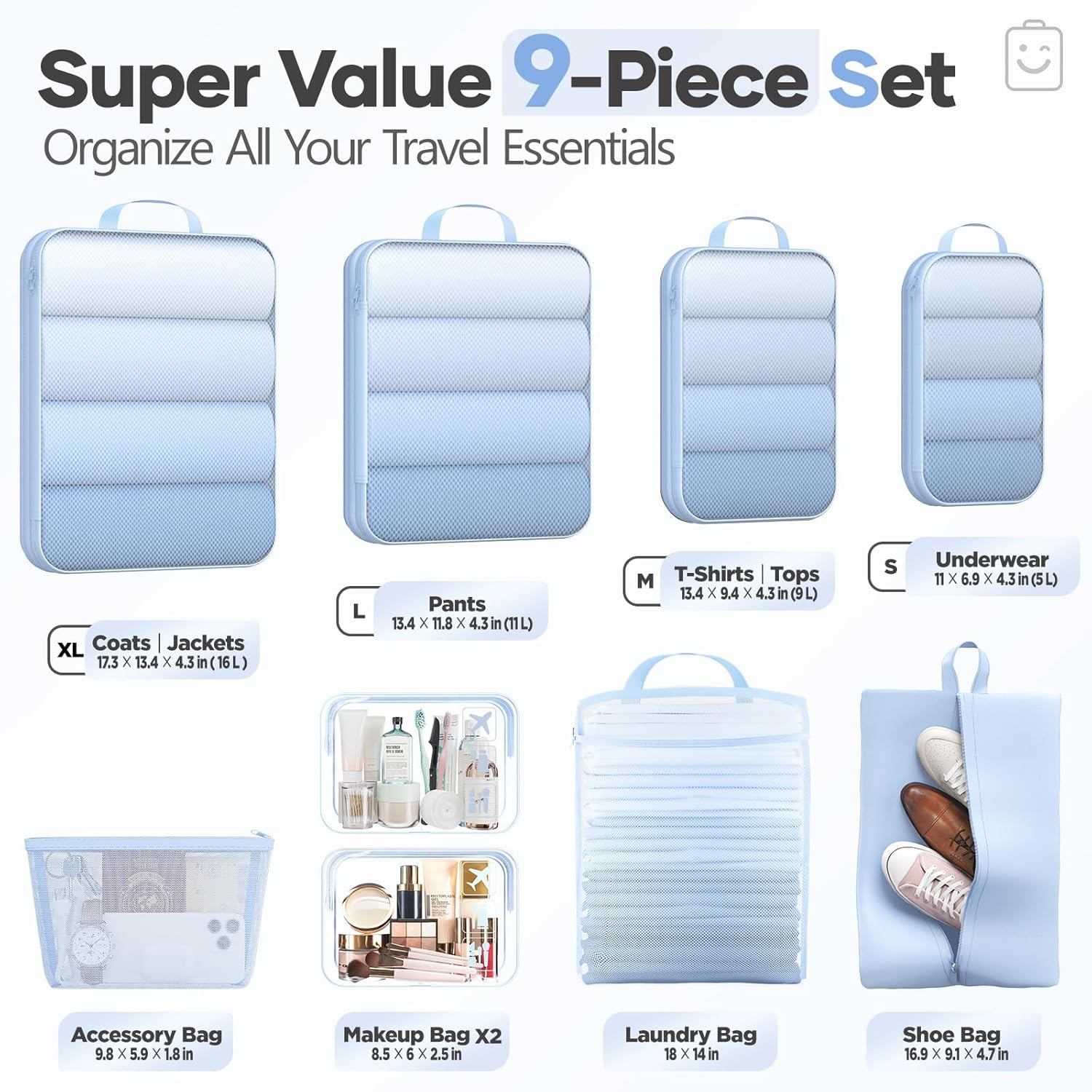 Veken Compression Packing Cubes - Expandable Travel Organizer Set | Durable Light Blue Luggage Bags