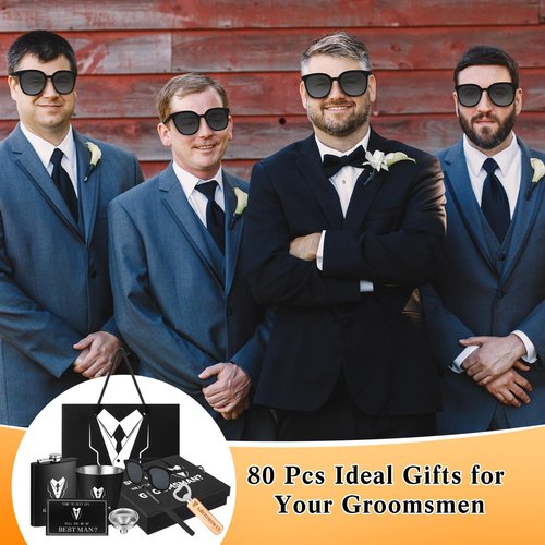 Layhit 80 Pcs Groomsmen Gifts Set of 8, Groomsmen Proposal Gift Set, 8 Flask and 16 Stainless Steel Shot Glass 8 Wood Bottle Opener 8 Pen 8 Sunglasses with 8 Card 8 Box 8 Bag for Wedding Party