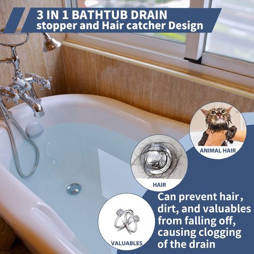 SIIU Bathtub Stopper | Shower Drain Hair Catcher, Pop-up Tub Stopper with Effective Filter Basket, Anti-Clogging Bathtub Drain Plug Bath Tub Stoppers for 1-1/2 to 1-3/4"" (Silver)