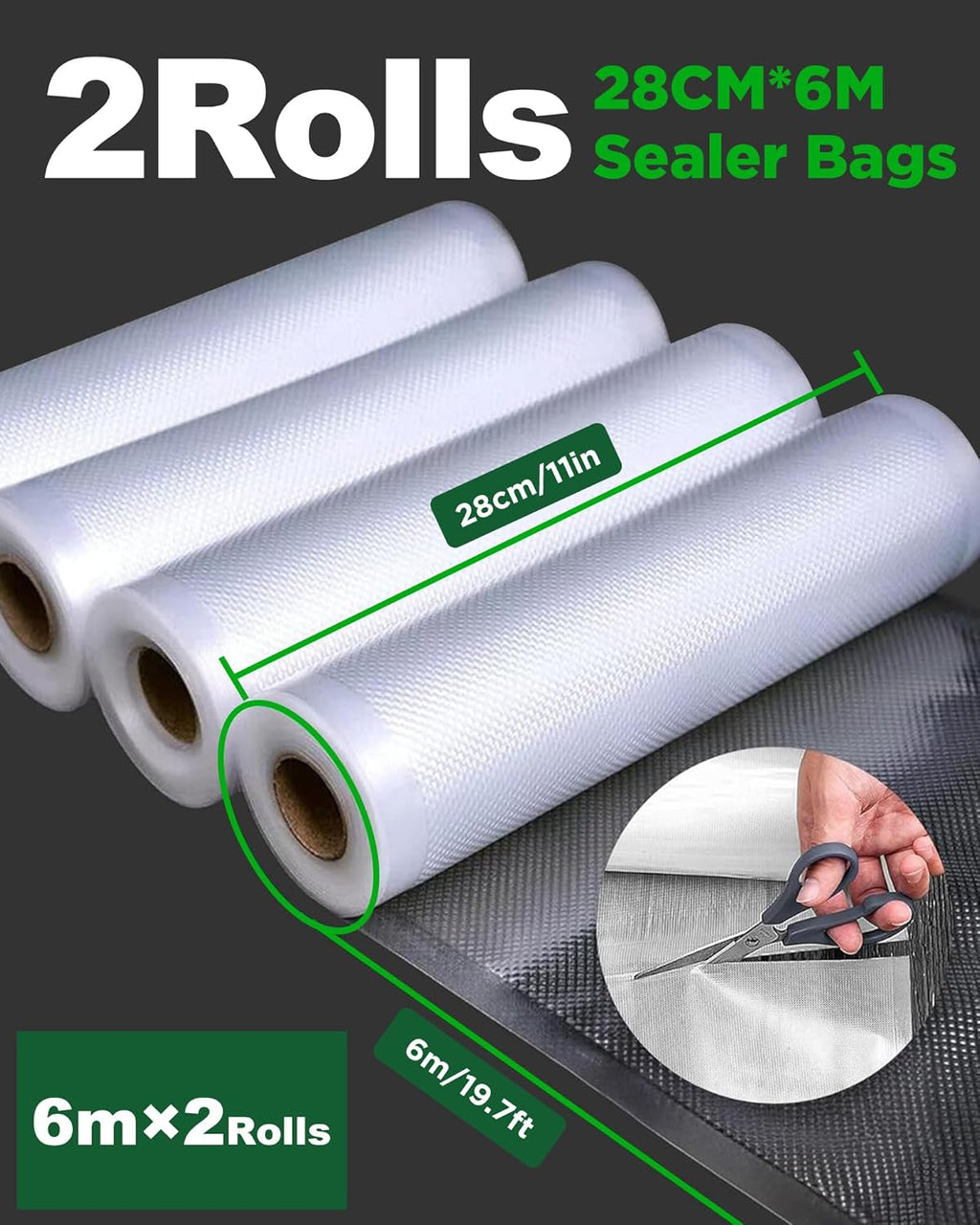 Amxus Vacuum Sealer Bags - Heavy Duty BPA-Free Food Storage | 2 Rolls 28CM x 6M for Portion Control