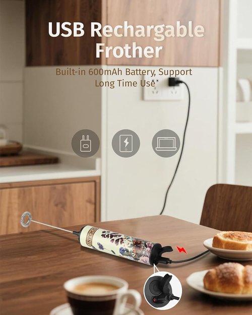 INFOOD Rechargeable Milk Frother - Handheld Coffee Mixer with 2 Detachable Stainless Whisks | Vintage Floral Design