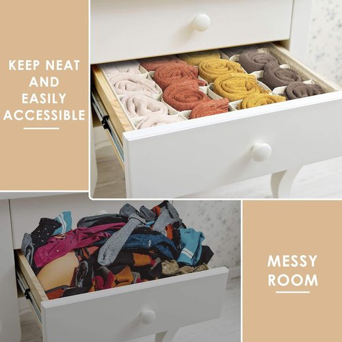 Criusia Sock Organizer - 3 Pack Fabric Drawer Dividers with 64 Cells | Beige Storage Solution for Socks, Underwear, Ties