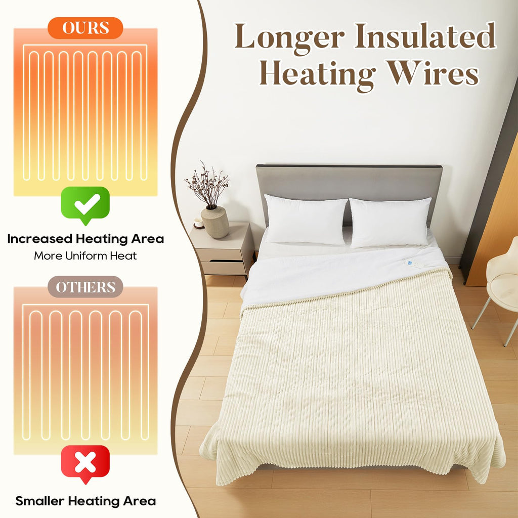 Electric Heated Blanket Queen Size, Fast Heating Soft Flannel Heated Blanket 84x90 inch with 8H Timer, 6 Heating Levels, Machine Washable, ETL & FCC Certified (Beige)