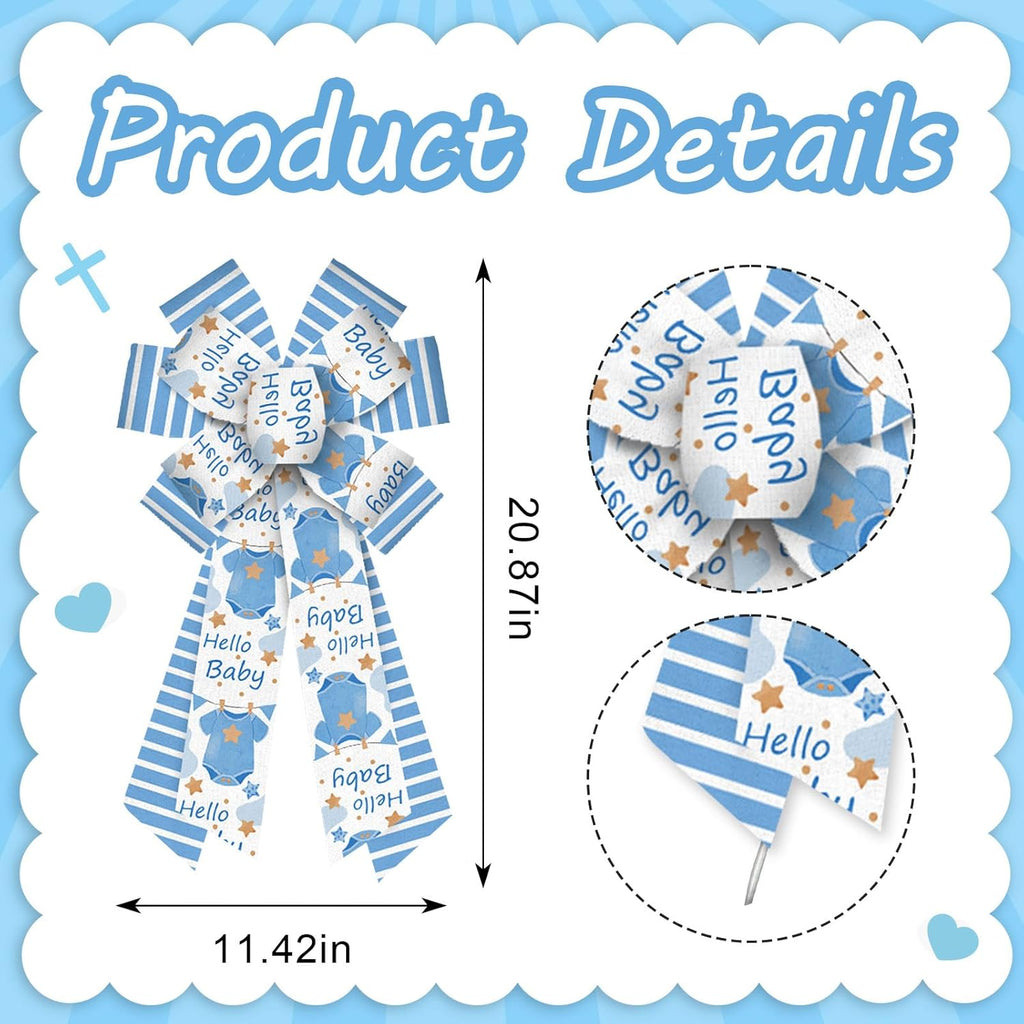 Threetols Baby Shower Wreath Bows - Blue & White Stripe Decorative Bows for Indoor/Outdoor Decor