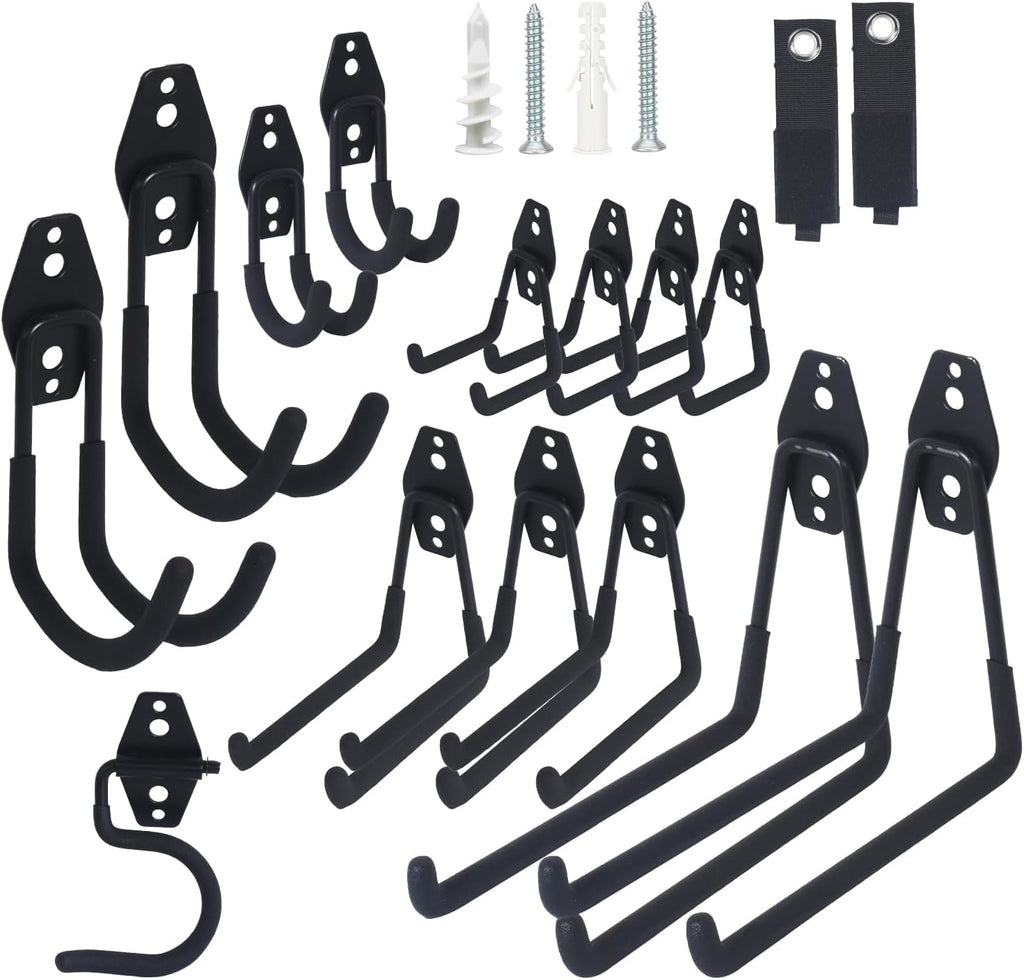 Steel Heavy Duty Garage Hooks - 16 Pack Anti-Slip Wall Mount Organizer for Tools, Bikes & More
