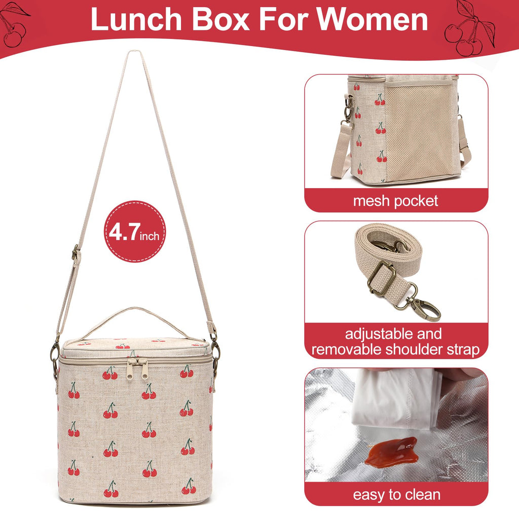 neatlife Lunch Bag for Women, Soft Linen Lunch bag with adjustable shoulder strap, Insulated Womens Lunch Bag for Work, Machine Washable Lunch Box with removable liner (Cherry)