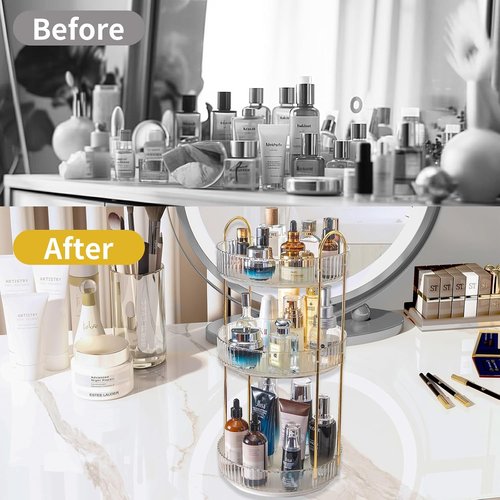 Asayuee 360 Rotating Makeup Organizer - Large 3-Tier Storage for Skincare & Cosmetics | Clear Finish
