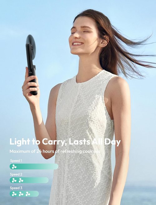 Aecooly Slim Portable Fan - USB Rechargeable Handheld Fan with Mirror | 24H Max Cooling Time, Black
