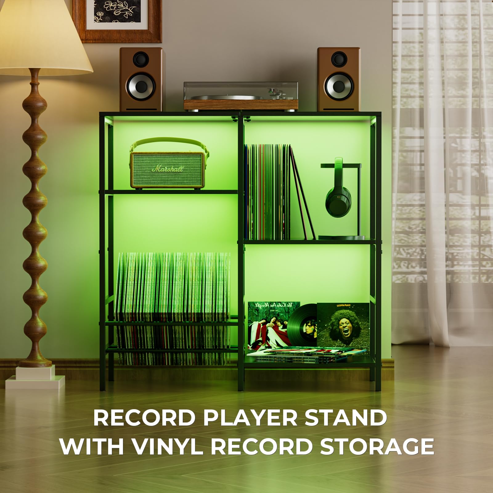 Nidouillet Record Player Stand with LED Light, Turntable Stand with Vinyl Storage for 300+ Albums, 3-Tier Media Cabinet with V-Shaped Holder & Adjustable Shelf, for Living Room & Bedroom