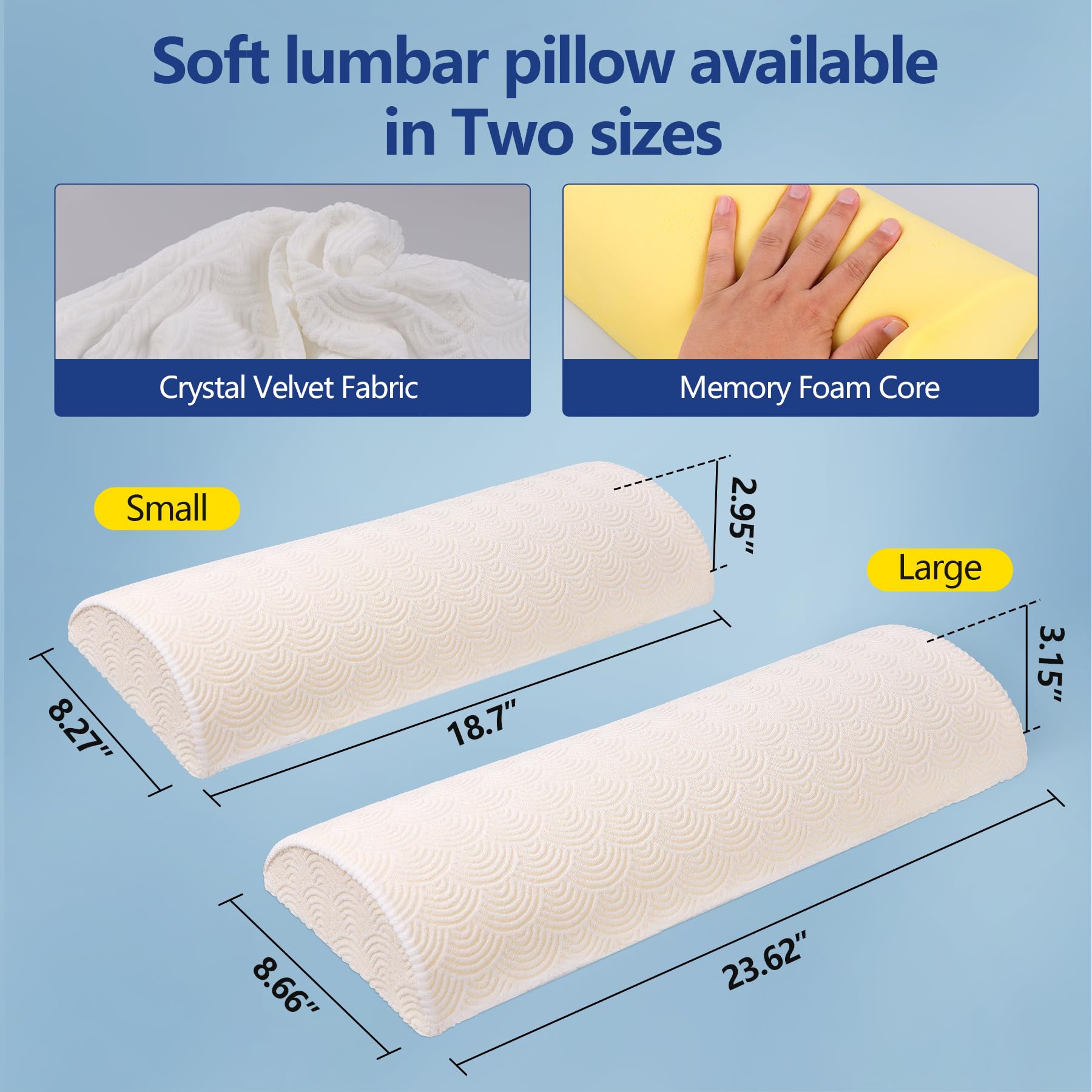 Cozyhealth - 2.95" H*18.7" L - Soft Small Lumbar Pillow for Sleeping, Memory Foam Back Lumbar Support Cushion for Lower Back Pain Relief Bed Waist Sleep Support Pillow for Side, Back (White, Small)