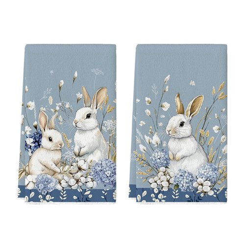 Artoid Mode Bunny Hydrangea Easter Kitchen Towels Dish Towels, 18x26 Inch Spring Farmhouse Wild Flowers Decoration Hand Towels Set of 2