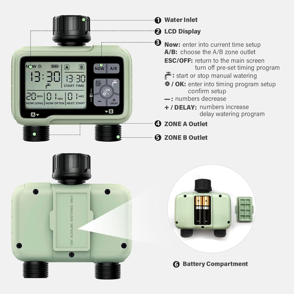 SOYUS Programmable Outdoor Garden Hose Timer - Waterproof Digital Irrigation System with 2 Outlets