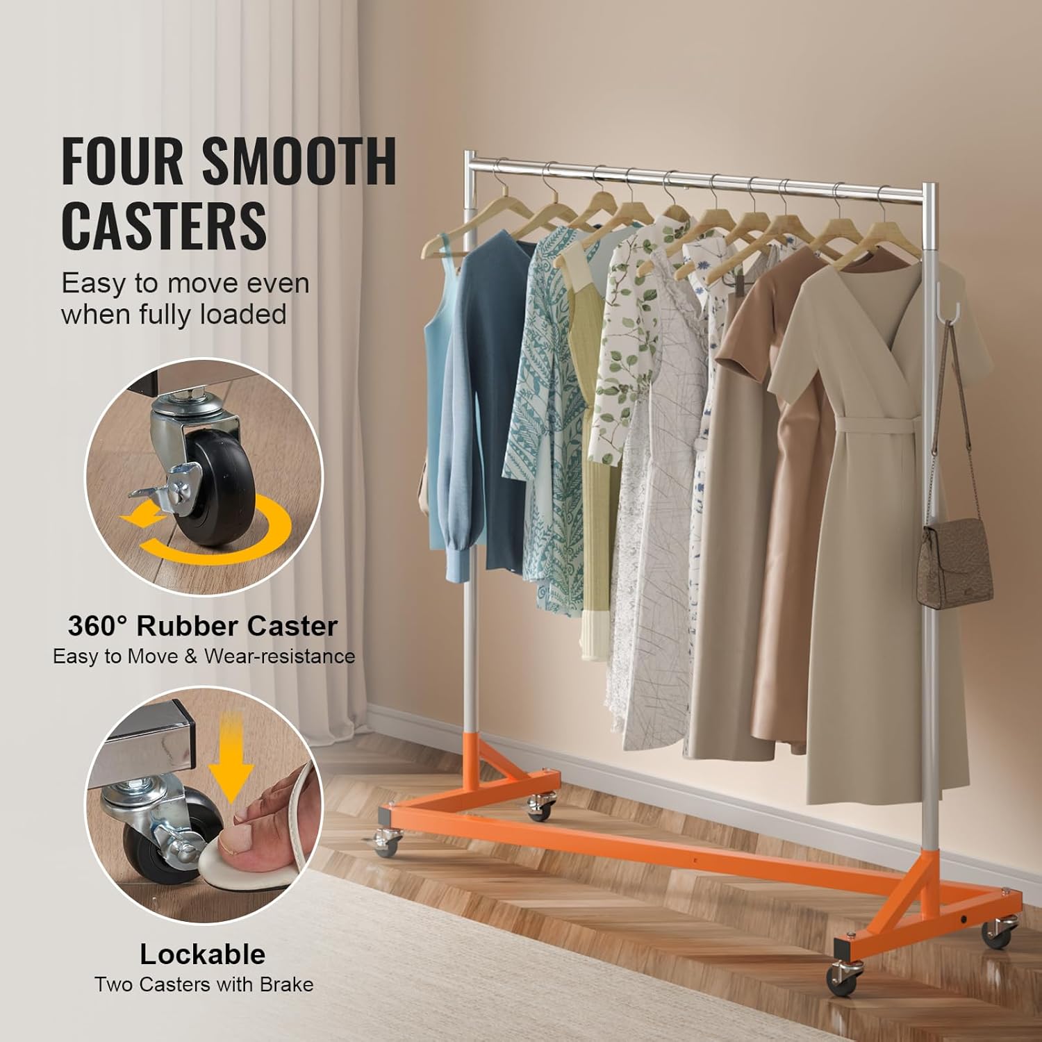 VEVOR Z Rack - Industrial Grade Rolling Garment Rack with Lockable Casters - Sturdy Steel, Orange (3 Sets)