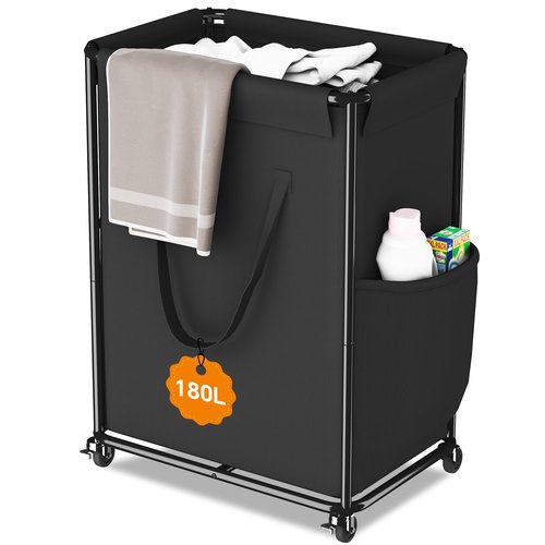Homeiju 180L Large Laundry Hamper with Wheels, Rolling Laundry Basket with Metal Frame and Removable Bag Design, Dirty Clothes Laundry Cart for Bathroom, Dorm Room, Laundry Room, Black